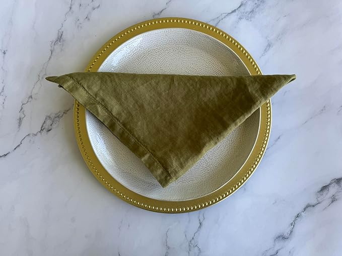 Hemstitched Linen Napkins – 20 Inch x 20 Inch – Stonewashed Pure Linen Cloth Dinner Napkins with Mitered Corners - 100% French Flax – Machine Washable - Set of 4 (Olive Green)