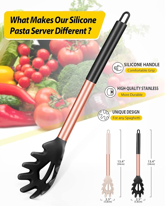 Pack of 2 Silicone Pasta Fork, Kitchen Heat Resistant Noodle Spoon Server, BPA Free Spaghetti Strainer, Best Cooking Tools (ROSE GOLD BLACK-KHAKI)