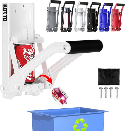 Kotto Can Crusher - Wall Mounted Can Crushers for Recycling - with Auto-Drop System -Built-in Bottle Opener-Crushes 8-16oz Cans-Includes Kitchen Storage Bag-Heavy Duty Can Crusher for Home Use-White