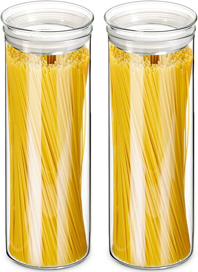 ZENS Glass Spaghetti Pasta Storage Container with Lids Set of 2, 65oz Tall Clear Airtight Food Storage Jar Canisters for Kitchen Pantry Noodles Flour Cereal Coffee Beans