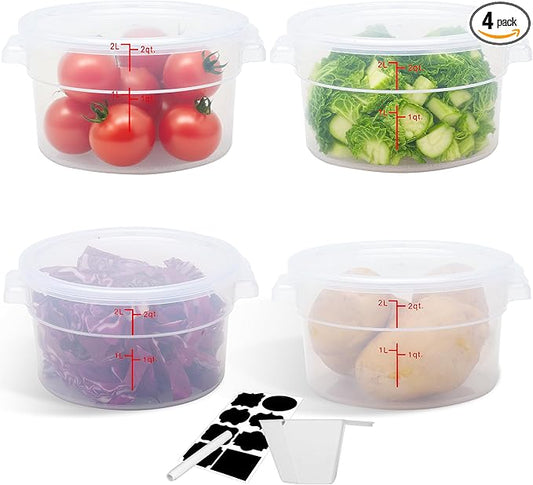 4 Pack 2QT Round Food Storage Containers with Lids, BPA-Free Polypropylene NSF Commercial Food Container, with Labels & Measuring Cup