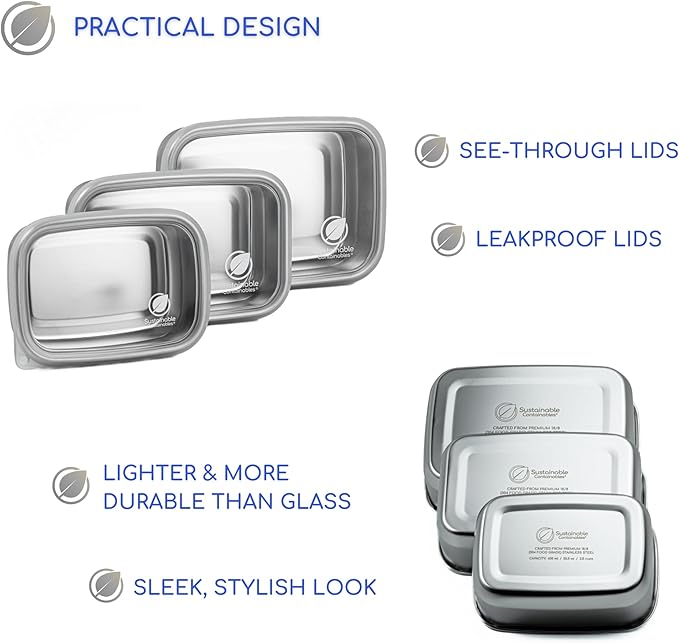 Stainless Steel Food Storage Containers with Clear Platinum Silicone Lids, Airtight, Leakproof 18/8 (304) Food Grade SS Nested 3Pk 20/30/40 oz Plastic-Free