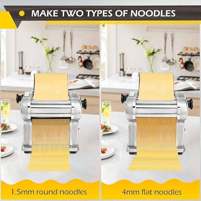 Dyna-Living Electric Pasta Maker Noodle Maker Machine Dough Spaghetti Roller Pressing Machine Thickness Adjustable Stainless Steel 135W for for Home Family Use (1.5mm round noodle+4mm flat noodle)
