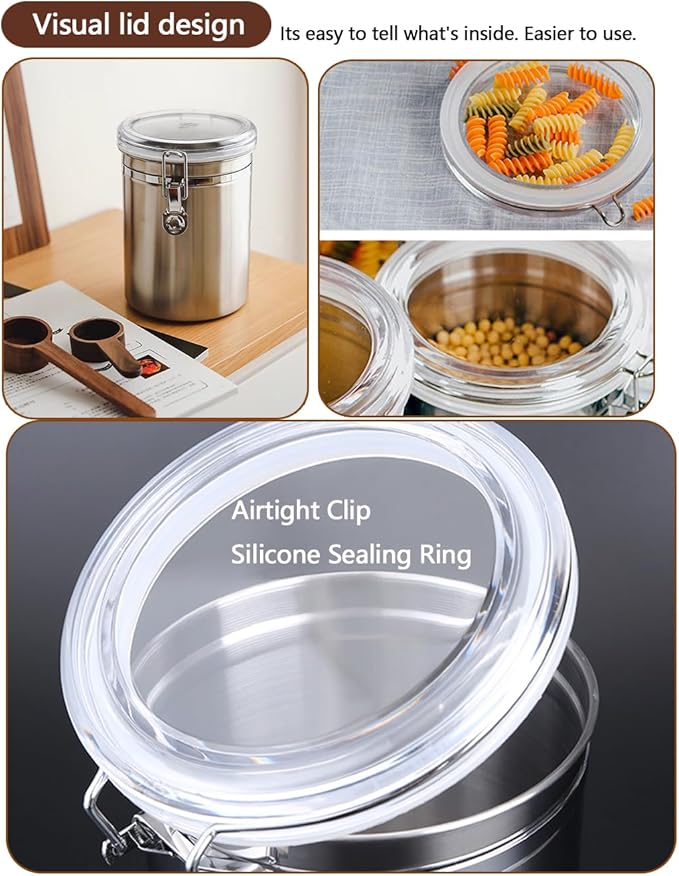 Coffee Canister 4 Pcs Stainless Steel Food Container with Clear Lids Airtight Container Stackable Canisters Kitchen Pantry Storage for Cereal, Snacks, Candy, Herbs, Spices, Sugar, Tea (1.8L Silver-4)