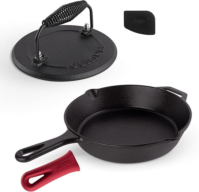 Cuisinel Cast Iron Skillet + Grill Press + Scraper Set - 10"-inch Pre-Seasoned Frying Pan + Silicone Handle Grip - 7" Round Burger Smasher - Indoor/Outdoor, Stove, Oven, Grill, Kitchen Cookware
