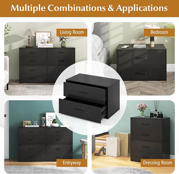 Giantex Stackable Drawers for Closet, 2-Drawer Short Dresser, Multi-Purpose Storage Cube with Anti-Scratch Pads, Anti-Tipping Devices, Storage Cabinet for Living Room, Entryway, Home Office (1, Black)