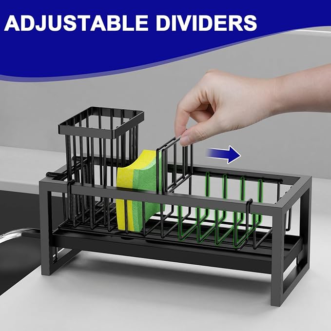 Sponge Holder for Kitchen Sink, Sink Caddy with Towel Holder, Kitchen Countertop Storage Organization, Home Apartment Essential Accessories (Black)