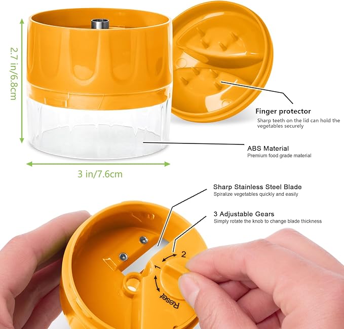 3 in 1 Vegetable Spiralizer Slicer, Adjustable Zucchini Carrot Noodle Maker, Cucumber Spiral Cutter, Easy to Use Kitchen Tool（Orange）