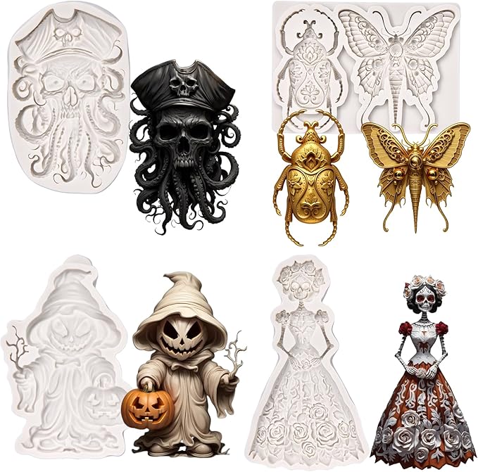 (Four-piece set) Skull of octopus with ghost face, butterfly, bug, Halloween skeleton grim reaper, skeleton bride, DIY silicone mold, chocolate mold wedding cake decoration tool soft candy cake mold