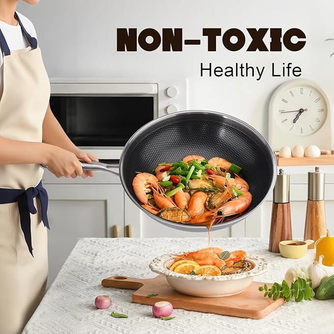 Hybrid Non Stick Wok, 13 inch Frying Pans Nonstick, Stainless Steel woks, PFOA Free Cookware, Dishwasher and Oven Safe, Induction Compatible
