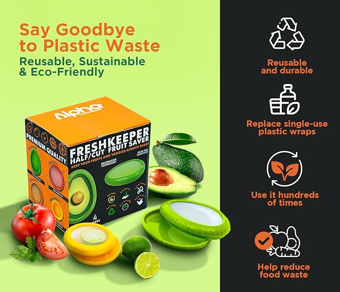 Avocado Saver & Onion Storage –Set of 4 BPA Free Silicone Food Storage Containers – Reusable Fruit and Veggie Savers, Fresh Pods for Food – Perfect for Tomato Holder, Garlic, Lemon & More