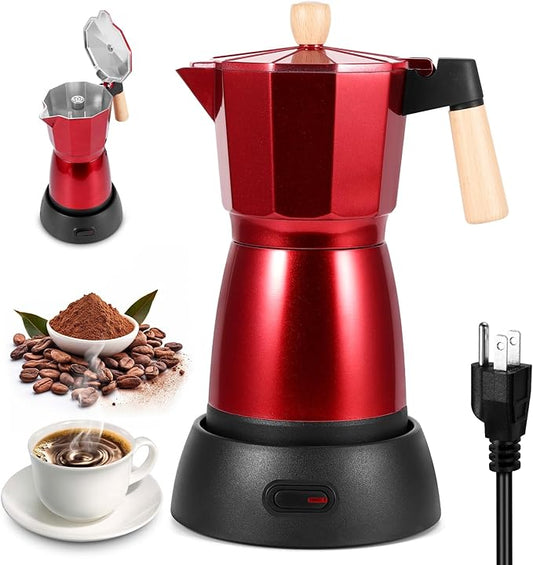 AOZBZ Moka Pot Electric Espresso Coffe Maker, 300ml 6 Cups Portable Coffee Pot with Overheat Protection and Detachable Base, Electric Espresso Maker, 450W, Red