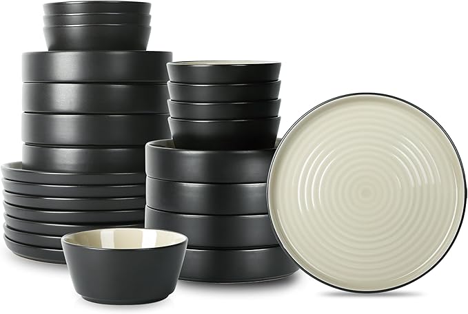 Stone Lain Elica 24-Piece Modern Dinnerware Set Stoneware, Plates and Bowl Sets for 8, Beige and Black