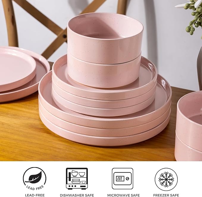 AmorArc Ceramic Dinnerware Set for 6 | Speckled Stoneware Plates and Bowls with Rustic Terracotta Underside| Scratch Resistant,Dishwasher & Microwave Safe Dishes Sets- 18pcs Pink