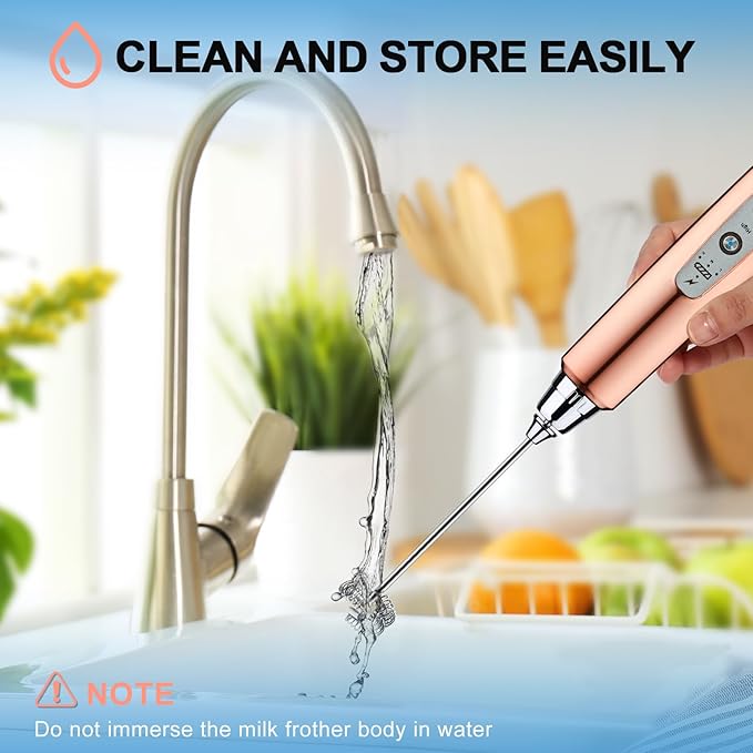 YUSWKO Rose Gold Handheld Milk Frother Wand for Coffee, Rechargeable Electric Whisk with 3 Heads 3 Speeds Drink Mixer Coffee Frother For Latte, Cappuccino, Hot Chocolate, Egg