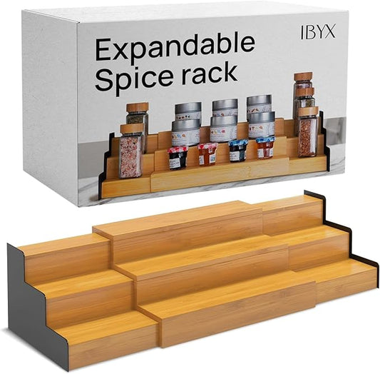 Ibyx Premium 3-Tier Spice Rack Organizer for Cabinet - Expandable Bamboo Spice Storage - Non-Skid Countertop Step Spice Shelf - Great for Kitchen Cabinet Countertop (Natural - Wide)