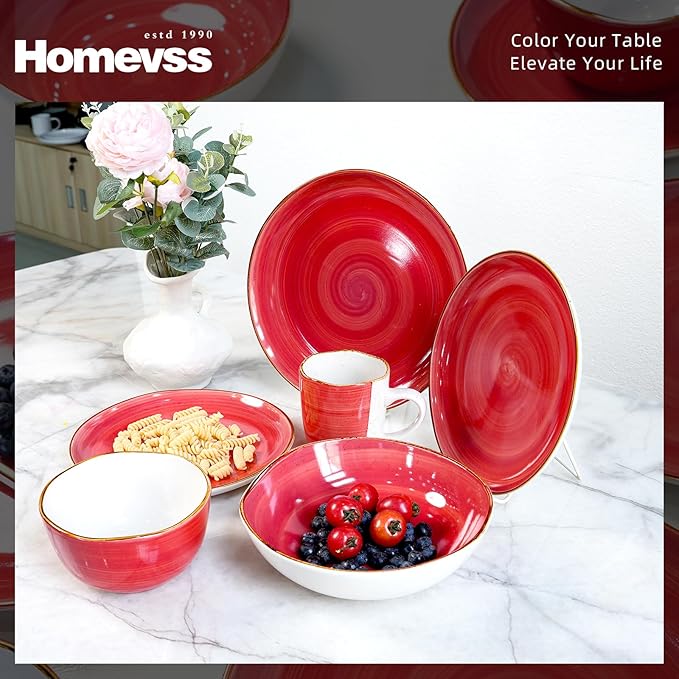 Highland 16-Piece Dinnerware Set Service for 4, Organic Shape Stoneware Plates and Bowls Set, Scratch Resistant, Microwave and Dishwasher Safe, Speckled Effect Handcrafted, Swirl Red