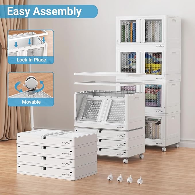 BROVIEW 300Qt Stackable Storage Bins with Lids, 75Gal Closet Organizers and Storage Drawer, Plastic Collapsible Storage Bins with Doors, Heavy Duty Store Box Cabinet for Home Kitchen, 3Pack White