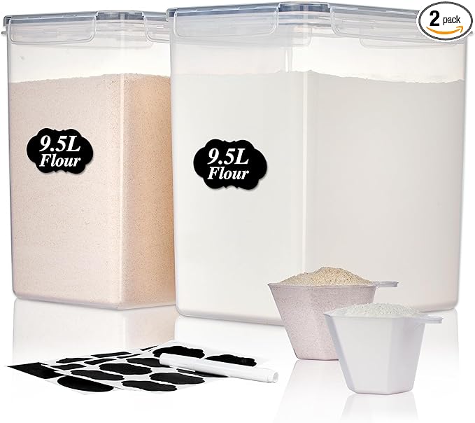 Vtopmart 9.5L 2 Pack Extra Large Flour Sugar Storage Containers for 25lbs flour, Airtight Kitchen Pantry Organization Canisters with Lids for Bulk food, Rice, Baking Supplies, BPA Free, Black