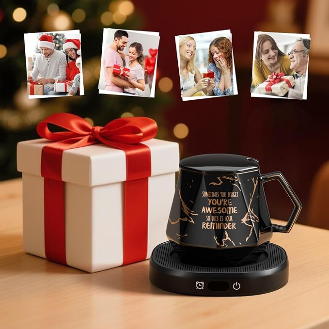 Coffee Mug Warmer & Awesome Diamond Mug Set, 8H Smart Auto Shut Off Electric Coffee Cup Warmer for Desk Office Home, 4 Temperature Setting Candle Heater Tea Beverage Coffee Warmer Plate for Women Men