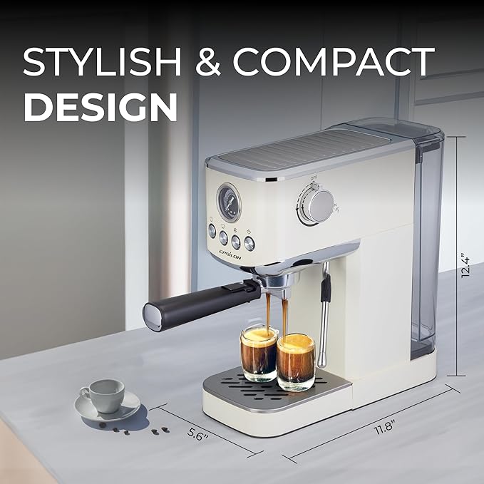 Epsilon Coffee Machine with Milk Frother, Compact 20-Bar Espresso Maker, Hot and Iced Coffee Maker with Removable Water Tank, Cold Brew Feature, and Steam Wand, 1.2L Capacity - Stainless Steel