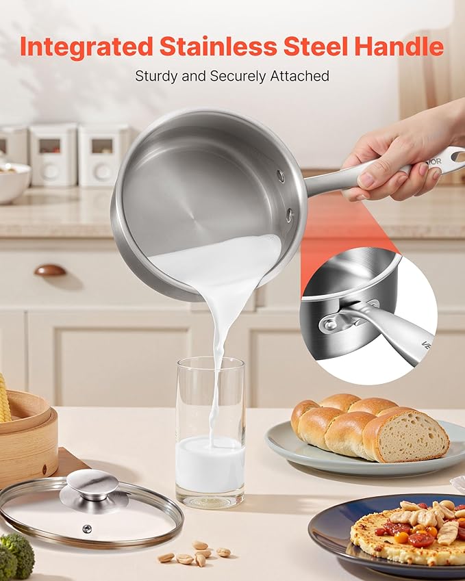 VEVOR 1.5 QT Saucepan with Steamer, Stainless Steel Saucepan with Glass Lid, Multipurpose Nonstick Stainless Steel Sauce Pot with Ergonomic Handle, Friendly for Oven, Dishwasher, Induction Cooker