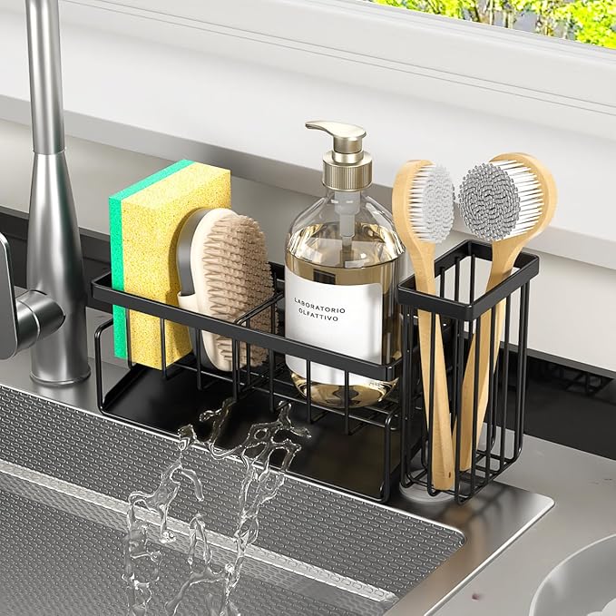 Sponge Holder & Sink Caddy Organizer - Rustproof Kitchen Sink Organizer with High Brush Holder - Kitchen Essentials Countertop Storage Organization (Carbon Black)