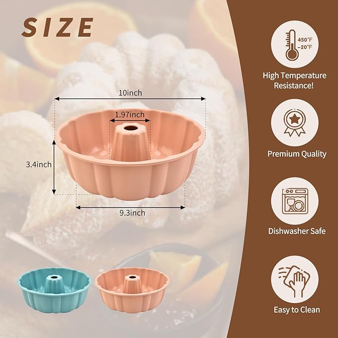 2 Pack Silicone Bundt Cake Pan Nonstick,10 Inch, Silicone Cake Molds,Pound Cake Pan, Baking Pan for Jello,Gelatin,Cake,Brownie and Bread（Pink+Blue）