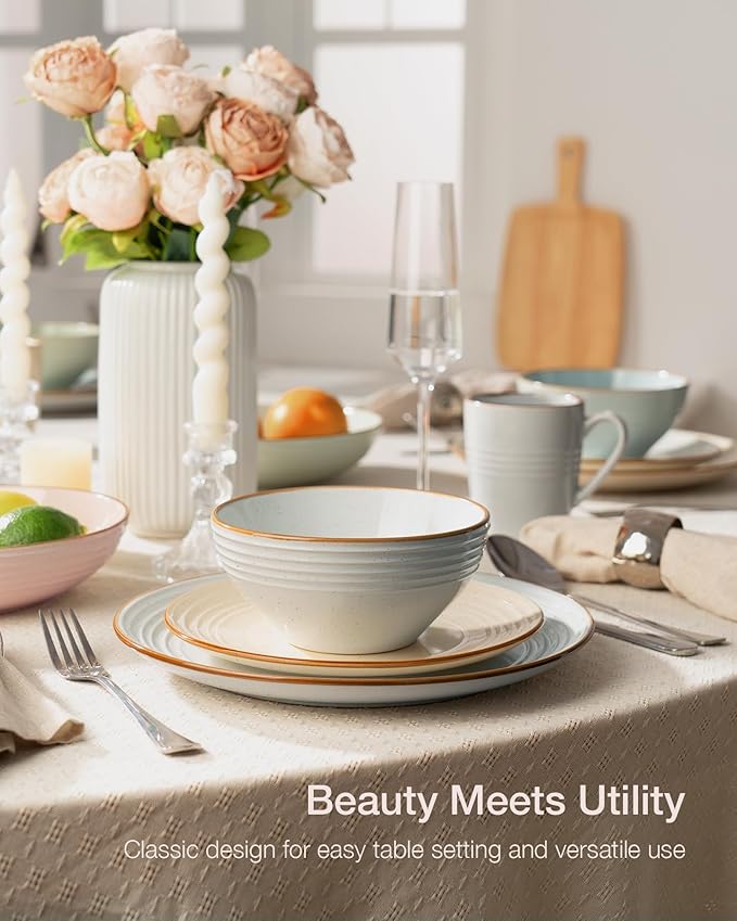 Famiware Jupiter Dinnerware Set, Plates and Bowls Dish Sets for 4 (12 Pieces), Microwave and Dishwasher Safe Stoneware Speckled Tableware, Chip and Scratch Resistant, Multi-color