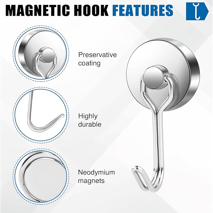 LOVIMAG Hooks, 80lbs+ Magnetic Magnet Hook 2025 Cruise Cabin Ship Essentials Heavy Duty Strong Refrigerator Fridge Hanging for Classroom Beach Vacation Kitchen Grills Home Mug Hanger (12 Pack), Silver