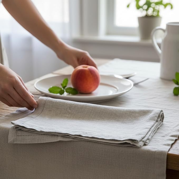 Hemstitched Linen Napkins – 20 Inch x 20 Inch – Stonewashed Pure Linen Cloth Dinner Napkins with Mitered Corners - 100% French Flax – Machine Washable - Set of 4 (Natural Oatmeal)