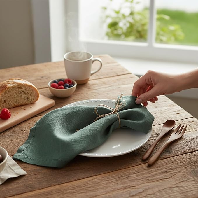 Hemstitched Linen Napkins – 20 Inch x 20 Inch – Stonewashed Pure Linen Cloth Dinner Napkins with Mitered Corners - 100% French Flax – Machine Washable - Set of 4 (Soft Rustic Green)