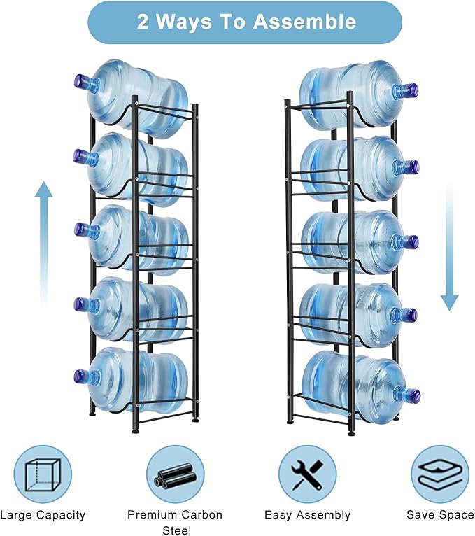 smusei 5 Gallon Water Bottle Holder - 5 Tier Detachable Cooler Jug Holder Storage Rack - Heavy Duty Gallon Jug Organizer for Home, Kitchen, Office, Breakroom - Black