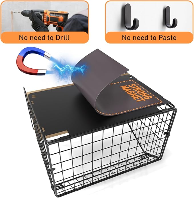 Magnetic Shelf for Fridge with Wood Lid, Heavy Duty Fruit Basket, Fruit Potato and Onion Storage Bins, Magnetic Spice Rack for Refrigerator, Black Hanging Wire Basket for Kitchen Counter