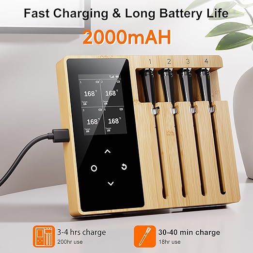 4 Probes Wireless Meat Thermometer, Bluetooth Digital Food Thermometer for BBQ, Grill, Oven, Smoker, Long Range and Rechargeable Base with Real-time Alerts, Cooking Gifts for Men