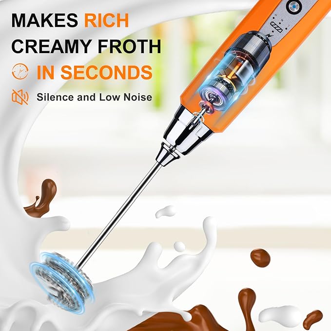 YUSWKO Fluorescence Orange Handheld Milk Frother Wand for Coffee, Rechargeable Electric Whisk with 3 Heads 3 Speeds Drink Mixer Coffee Frother For Latte, Cappuccino, Hot Chocolate, Egg