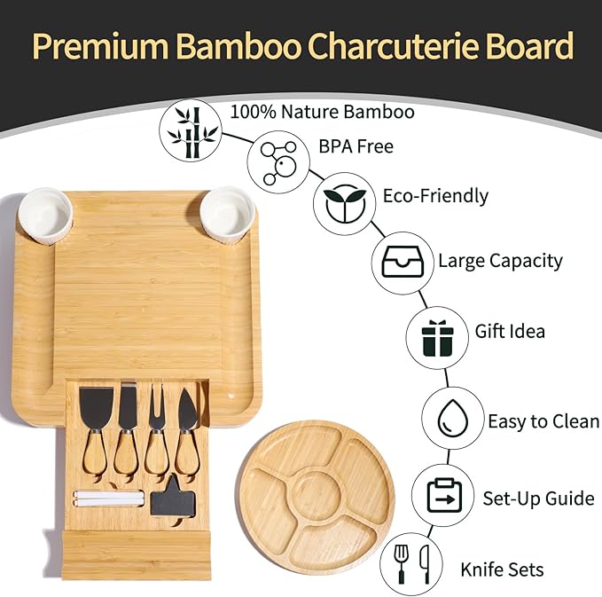 YZS Bamboo Charcuterie Boards Set -Unique Cheese Board with Accessories - Perfect for Housewarming, Weddings, Bridal Showers, Birthday Gifts, Mother's Day Gift, Parties, Eco-Friendly & Elegant Design