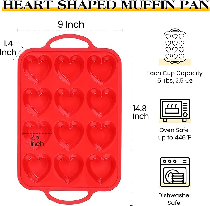 1 Pc Heart Shaped Muffin Pan with Metal Reinforced Frame 12 Cup Nonstick Silicone Heart Cake Mold for Baking 2.5 Inch Cupcake Tray (Red)