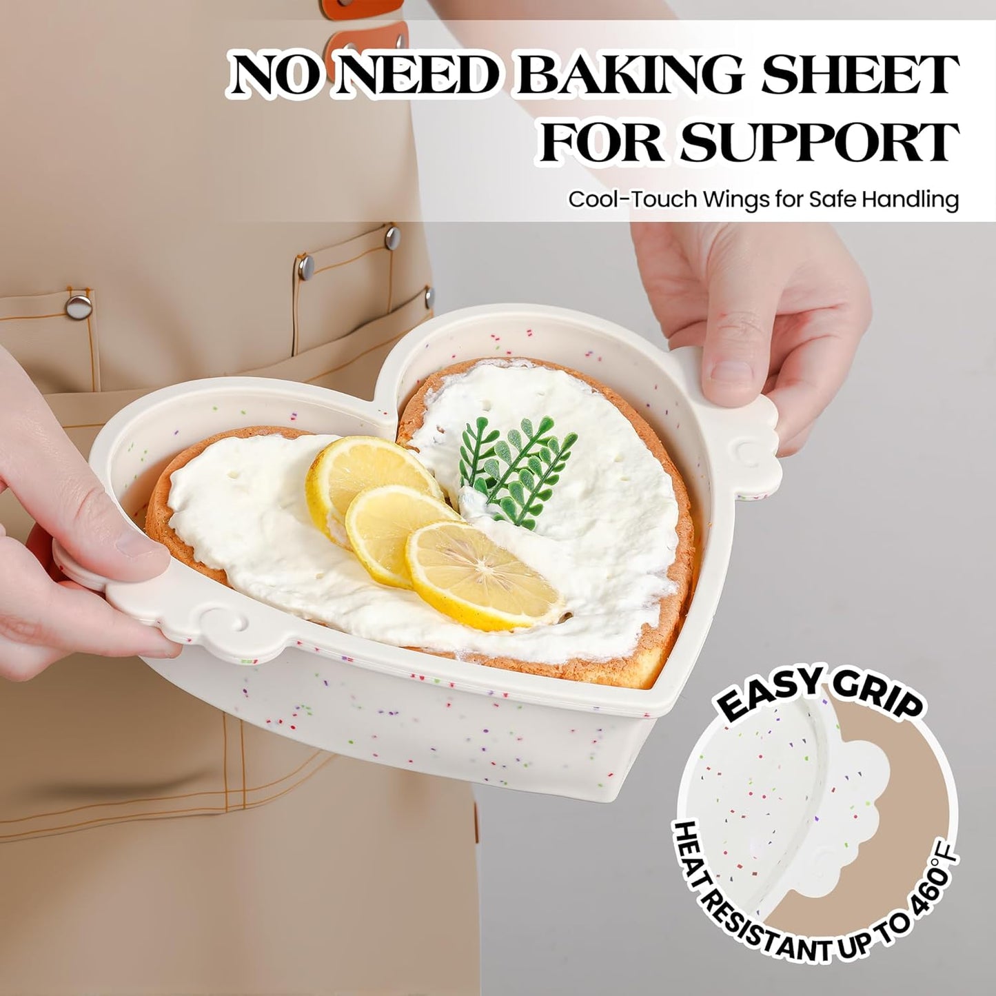 8 Inch Heart Shaped Cake Pans with Metal Reinforced Frame Nonstick Silicone Heart Cake Molds for Baking Set of 2 (Cream)