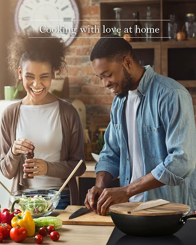 BIELMEIER 12.5" Wok Pan- Woks and Stir Fry Pans, Carbon Steel Wok, Flat Bottom Wok with Lid Suits for all Stoves