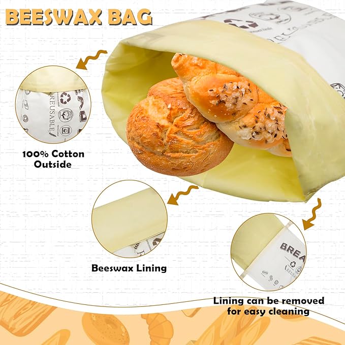 2 Pack Beeswax Bread Bags for Homemade Sourdough,Cotton Beeswax Bags for Bread Storage,Reusable Food Storage Bag For Keeping Fresh(White,13x17in)