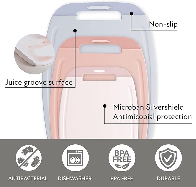 Neoflam Microban Protection Cutting Board 3 Piece Set, Stain & Odor/BPA Free, Reversable Board, Upgraded Larger Juice Groove, Non-Slip EZ Grip Handle, Dishwasher Safe, Pastel