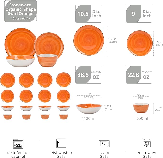 Highland 16-Piece Dinnerware Set Service for 4, Organic Shape Stoneware Plates and Bowls Set, Scratch Resistant, Microwave and Dishwasher Safe, Speckled Effect Handcrafted, Swirl Orange