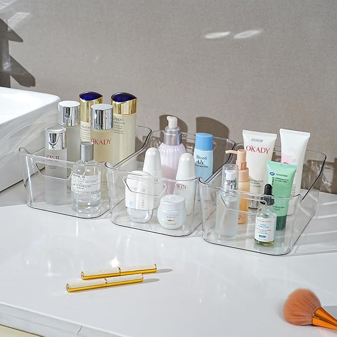 12 Pack Clear Plastic Storage Bins, Pantry Organizers and Storage, Clear Pantry Organizer Bins, Plastic Containers with Handle for Kitchen,Freezer,Cabinet,Closet,Bathroom Under Sink Storage