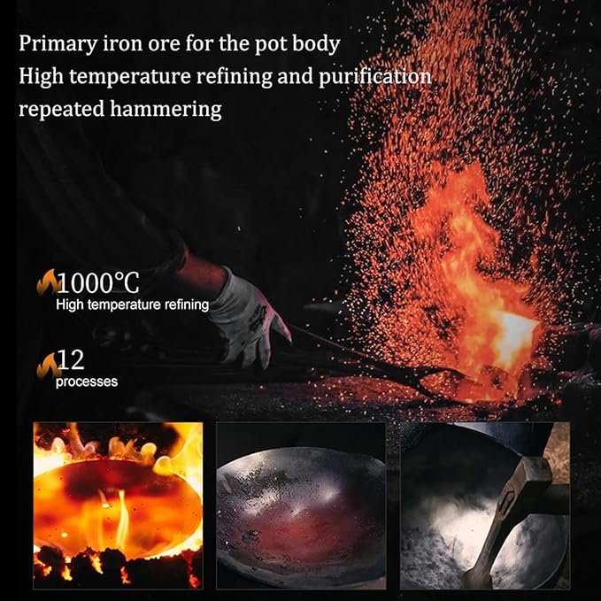 Carbon Steel Wok Pan, 9.5" Woks & Stir-Fry Pans with Glass Lid Cookwares, Nonstick Wok Flat Bottom Small Handmade Chinese Wok For for All Stoves