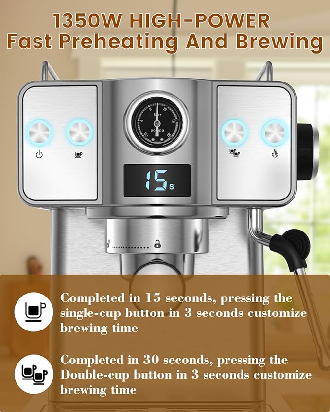 Espresso Machine 20 Bar, Milk Frother Steam Wand, 60oz (1.8 Liters) Water Tank, 1350W for Home Barista Espresso Latte Macchiato and Cappuccino Maker