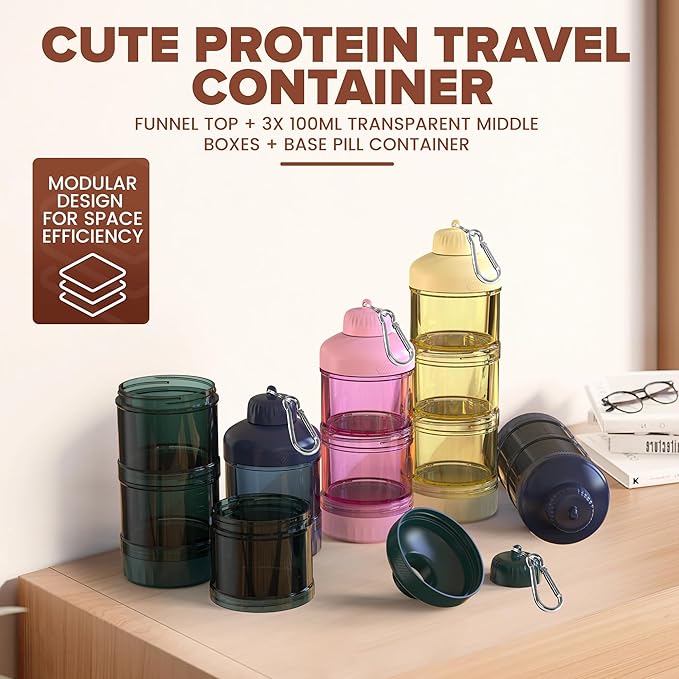 BYLWORKOUT 3-Layer Protein Powder Travel Container with Funnel and Keychain | Portable Food Storage Organizer for Gym, Fitness, Kitchen, Camping, Hiking, and Travel (Emerald Green)