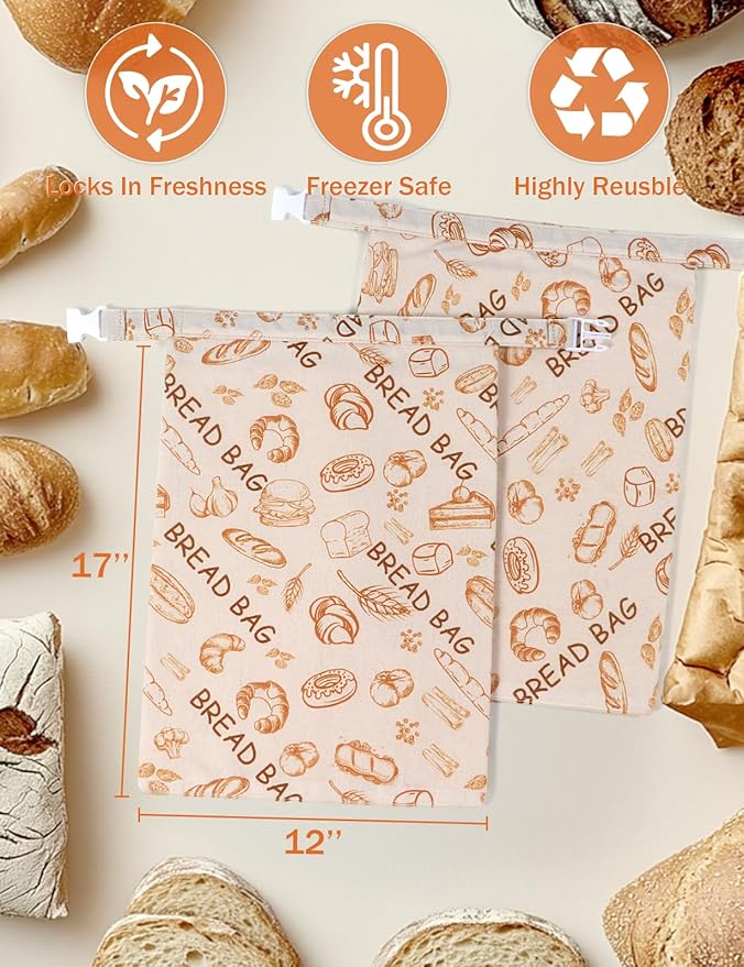 Reusable Beeswax Bread Bags(2 Pack), Beeswax Bags for Sourdough/Homemade Bread, Natural Cotton Bees Wax Bag, Fresh and Refrigerable, New Upgrade Food Storage Bag, Large Capacity and Portable