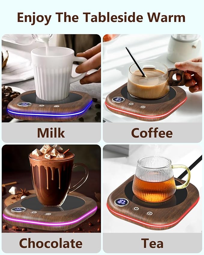 MQUPIN Mug Warmer, Coffee Mug Warmer for Desk- 3 Temp (113℉/131℉/167℉), 4 Hours Auto Off, Candle Warmer Plate with 1-12 Hours Timer, Coffee Accessories Keeping Beverage Warmer(Wood Grain)