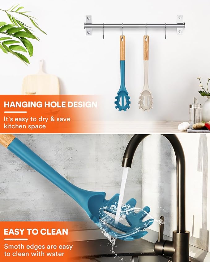 Silicone Pasta Fork, Kitchen Heat Resistant Noodle Spoon Server, BPA Free Spaghetti Strainer,12.8 inch (Khaki & Blue)